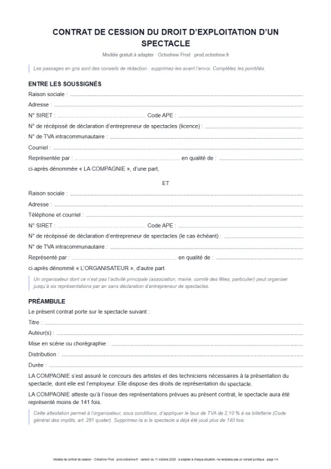 Première page du modèle de contrat de cession : identité de la compagnie et de l'organisateur, puis préambule